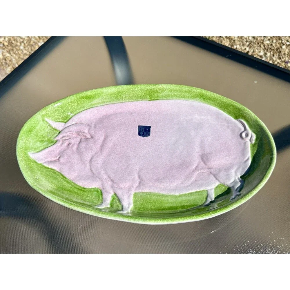 Lime Green Pink Pig Majolica Oval Serving Platter Made in Italy 9 3/8